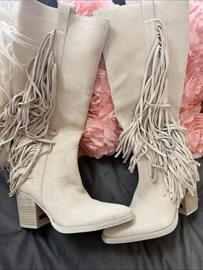 Vince Camuto Cream Fringe Knee-High Heeled Boots